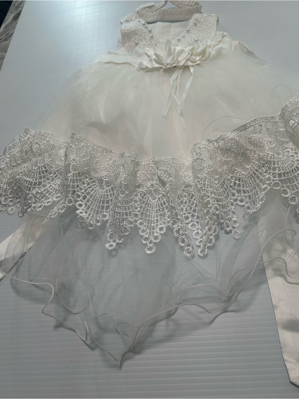 Elegant White Lace Tulle Skirt with Floral Waist Detail